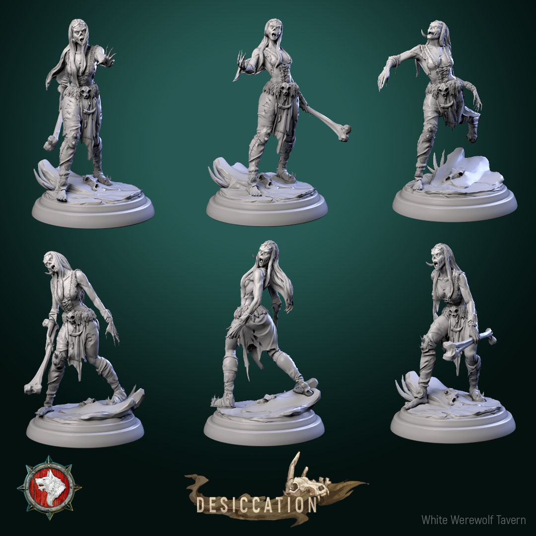 Zombie Barbarians female 32mm set 6 miniatures pre-supported